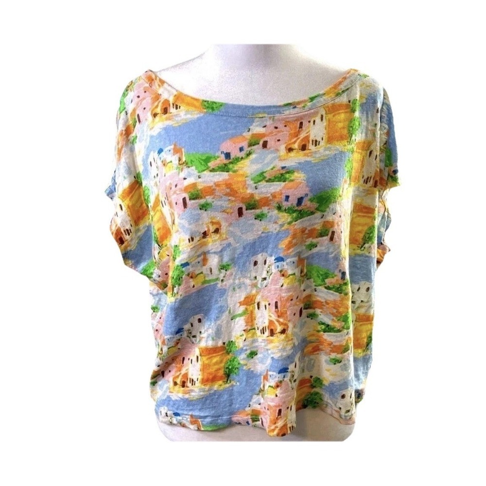 NWOT CYNTHIA ROWLEY 100% Linen Slub Knit Top T-shirt XL Greek Italy Villa Print